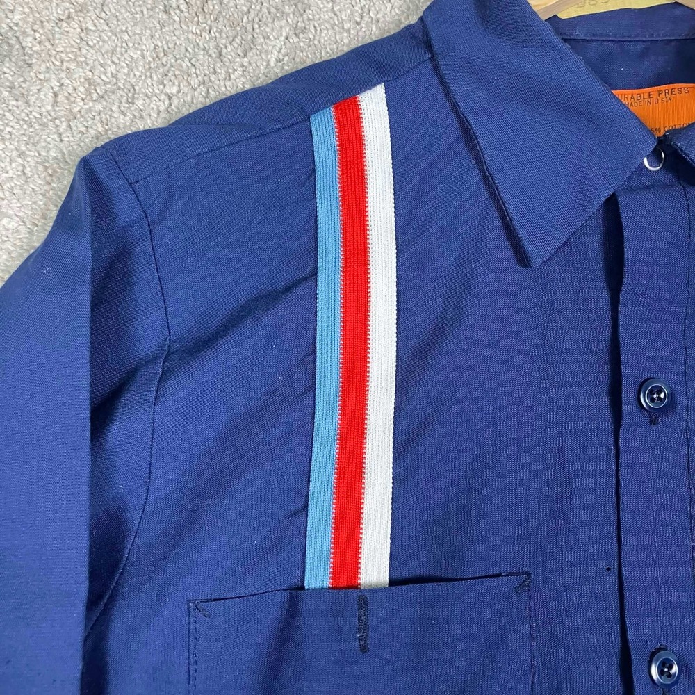 Vintage 80s Red Kap Ford Mechanic Work Shirt Navy Blue Racing Stripe Mens M-RG - Picture 4 of 16